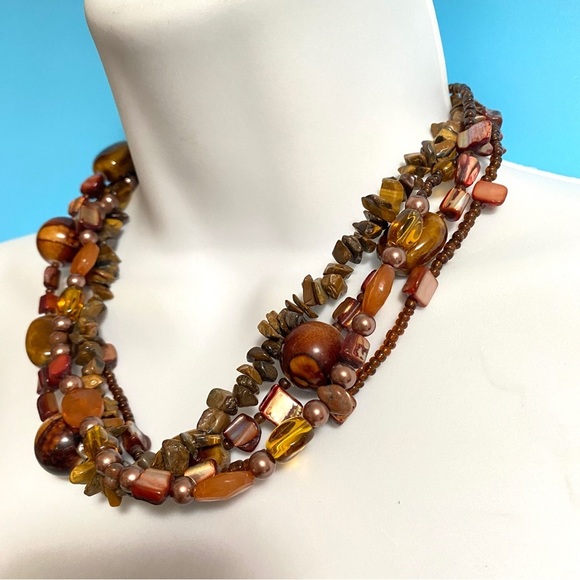 Boho Tigereye Stone Chips Glass Beads Shells Multistrand Brown Tones Necklace - Picture 3 of 8